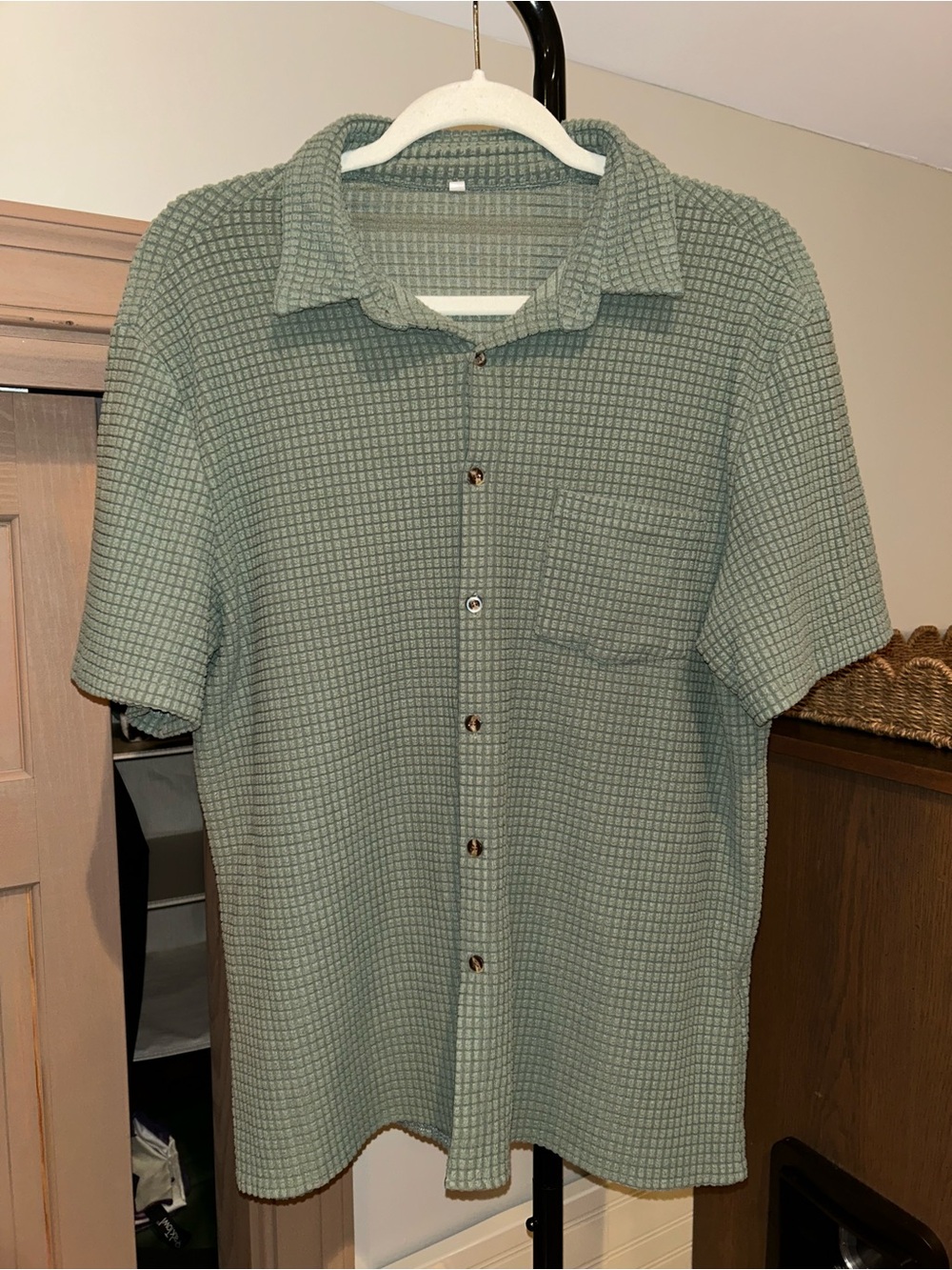Men's Short-Sleeve Waffle Knit Button-Up Shirt - Sage Green